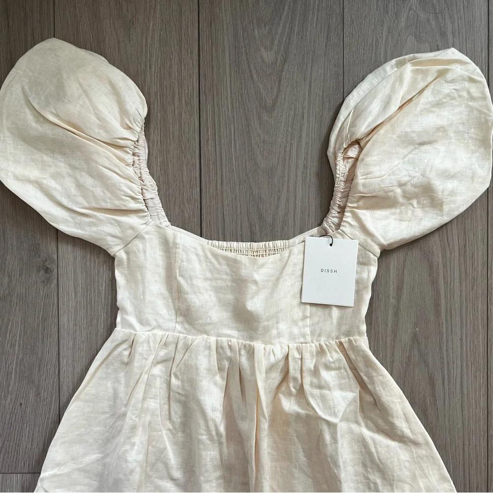 DISSH Cream Linen Midi Dress with Puff Sleeves - Picture 2 of 10